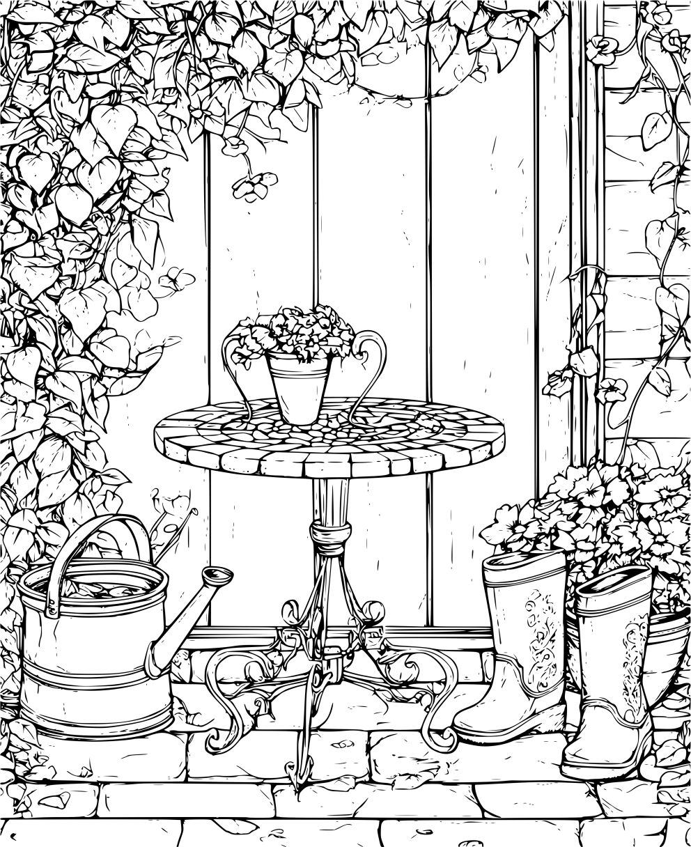 Peaceful garden patio scene coloring page