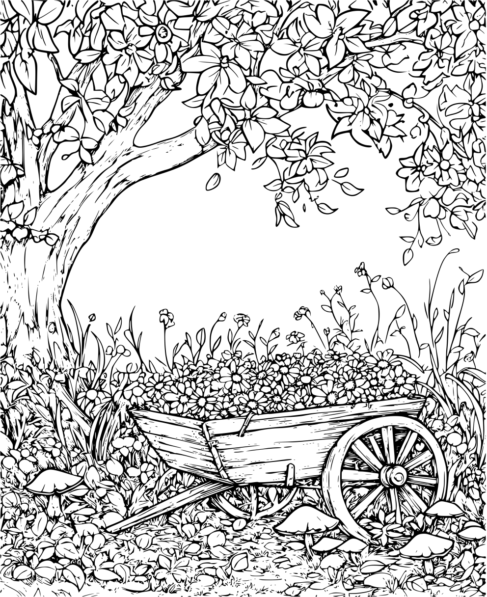 Garden wheelbarrow filled with flowers coloring page