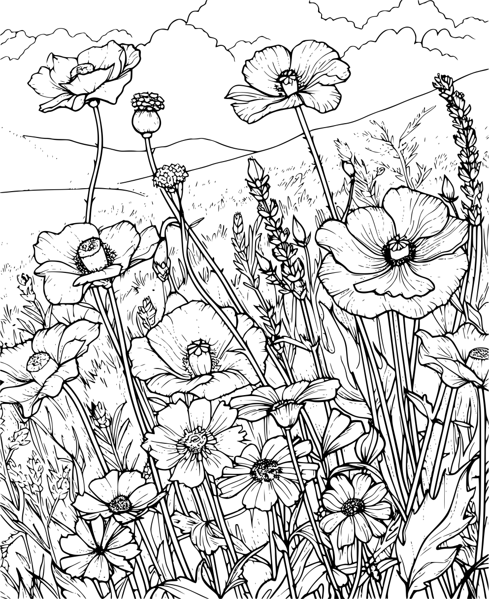 Detailed poppy flower botanical illustration